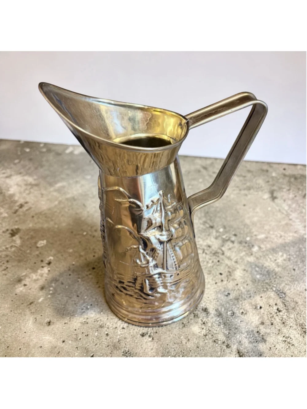 Vintage Brass Nautical Pitcher Tall Ship & Lighthouse Coastal Decor 6.5”